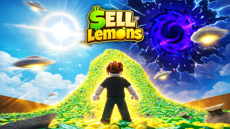 Sell Lemons Roblox game thumbnail with a lemon stand and bright tycoon setting